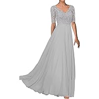 Women's V Neck Mother of The Bride Dresses for Wedding Lace Wedding Guest Dress Long Formal Evening Party Prom Gowns Silver, 6