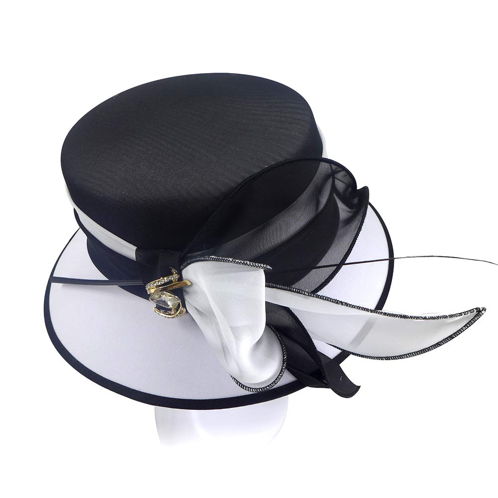 June's Young Women Church Hats Formal Dress Derby Hats with Feather Elegant Bucket Hats (Black/White)