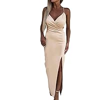 Maxi Dresses for Women 2024 Wedding Guest with Sleeves, Women Ruched V Neck Sleeveless Sexy Backless Slit Spag