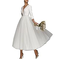 A-Line Reception Vintage Little White Dress Wedding Dress V Neck Tea Length Bridal Gowns with Solid Color 2023