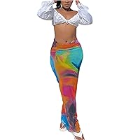 LROSEY Bodycon Painting Maxi Skirts for Women Fall Sexy Slim Tie Dye Ruched Low Waist Mermaid Long Skirt