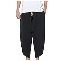 Mens Baggy Pants Drawstring Cotton Linen Wide Leg Yoga Pants Solid Color Baggy Pants