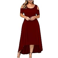 Women Plus Size Cold Shoulder Short Sleeve Dress Sexy Casual Round Neck Maxi Dresses Summer Lace Swing Long Dress