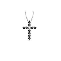 14k White Gold timeless cross pendant set with 10 charismatic black diamonds (1/4 ct, I1 Clarity) encompassing 1 round white diamond, (.035ct, H-I Color, I1 Clarity), hanging on a 18
