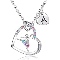 Ballerina Necklaces Gifts for Girls,Colorful CZ Heart Pendant Ballet Dancer Necklaces for Teens Girls Letter Initial Rainbow Dance Necklace Jewelry Gifts for Girls Women