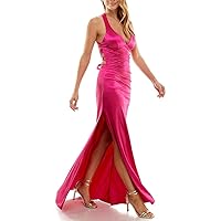 B Darlin Womens Pink Stretch Zippered Slitted Satin Tie Crisscross Straps Sleeveless V Neck Full-Length Formal Gown Dress 11