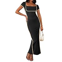 MEROKEETY Women's Summer Square Neck Bodycon Maxi Dress Short Sleeve Wedding Guest Party Slit Long Dresses