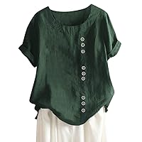 Womens Summer Tops 2023 Dressy Casual Short Sleeve Cotton Linen Blouses Trending Button Down Loose Plus Size Oversized Tshirts Ladies Fashion Labor Day Sale Gauze Shirts Y2k Clothes(D Green,Large)