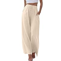 SNKSDGM Womens Cotton Linen Pants 2024 Summer Loose High Waisted Smocked Wide Leg Long Palazzo Pant Trouser with Pocket