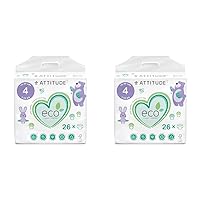 ATTITUDE Eco-Friendly Diapers, Non-Toxic, Hypoallergenic, Safe for Sensitive Skin, Chlorine-Free, Leak-Free & Biodegradable Baby Diapers, Plain White (Unprinted), Size 4 (15-40 lbs), 26 Count (16240)