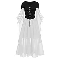 Medieval Dress for Women Elegant V Neck Lace up Batwing Sleeve Empire Waist Long Maxi Dress Mesh Sheer Chiffon Dress