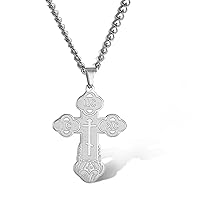 Orthodox Cross Necklace for Men Jesus Christ Orthodox Crucifix Pendant Stainless Steel Religious Christian Jewelry Birthday Gift (Sliver)