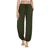 Sweatpants Women Casual Drawstring Palazzo Pants Solid Relaxed Fit Trousers with Pockets Soft Cinch Bottom Joggers