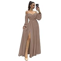 CWOAPO Long Sleeves Bridesmaid Dresses with Slit Off Shoulder Chiffon Empire Waist Formal Evening Party Dress