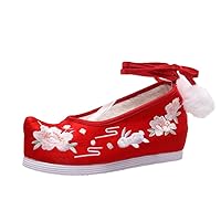 Cocked Toe Ancient Style Women Cotton Fabric Shoes Ankle Strap Embroidery Dancing Shoe Ladies Pumps Red Plush 8