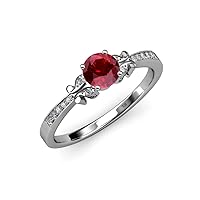 Ruby and Diamond Milgrain Work Butterfly Engagement Ring 1.12 cttw in 14K White Gold