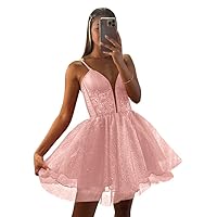 Glitter Tulle Homecoming Dresses for Teens Short Lace Prom Dress V Neck Ball Gown Puffy Mini Cocktail Party Dresses
