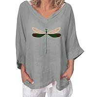 Womens Cotton Linen Drop Shoulder Tunic Tops Summer 3/4 Sleeve Graphic Tee Shirts Casual Loose Fit Funny Dragonfly Blouses