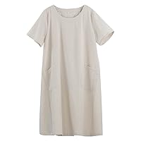 FTCayanz Women's Linen Shirt Dresses Summer Casual Short Sleeve Plaid Tunic Midi Dress