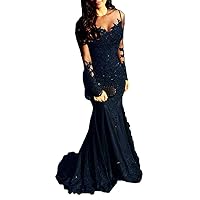 Women's Illusions Long Sleeve Mermaid Prom Dress Tulle Beaded Evening Ball Gown Navy Blue