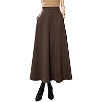 High Waist Woolen Skirt Women Autumn Winter Elastic Waist Pleated Skirts Female A-Line Long Skirt with Pocket