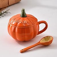 Ceramic Halloween Coffee Mug, Cute Kawaii Funny Novelty Orange Fall Autumn Pumpkin Shaped Tea Soup Cup with Lid & Handle & Spoon, Funny Gifts for Friends and Family（Pumpkin）