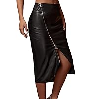 Autumn Summer Women Front Zip Up Skirts High Split Office Lady Black PU Leather Sexy High Waist Pencil Skirts