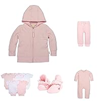 Burt's Bees Baby Bundle, Pink Organic Cotton Infant Girl's Hooded Sweatshirt + Sweatpants + Romper Jumpsuit + Knit Jogger Pants + Booties + White and Pink Bodysuits Pack of 5 for Ages 0-3 Months