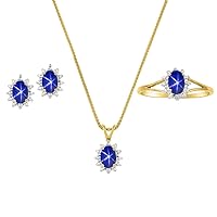 Rylos Matching Jewelry For Women 14K Yellow Gold - Diamond & Blue Star Sapphire- Ring, Earring & Pendant Necklace 6X4MM Color Stone Gemstone Jewelry For Women Gold Jewelry