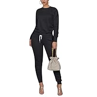 women solid color 2 piece outfits fall crew neck pullover top long pants set Tracksuit
