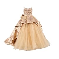 Gold Embroidery Lace Ball Gown Little Girls Pageant Special Occasion Dress with Strap 2024