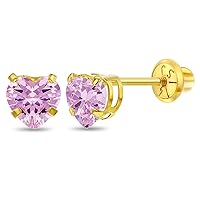 14k Yellow Gold 5mm Heart Cubic Zirconia Screw Backs Earrings for Young Girls - Quality Heart Safety Screw Back Earrings for Babies, Toddlers, & Little Girls - Small Heart CZ Girls Earrings