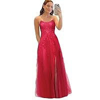 Lace Tulle Prom Party Dresses A Line Spaghetti Straps Formal Gown with Side Split