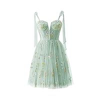 Tulle Homecoming Dresses for Teens Spaghetti Straps Formal Short Prom Dress Women's Flower Embroidery