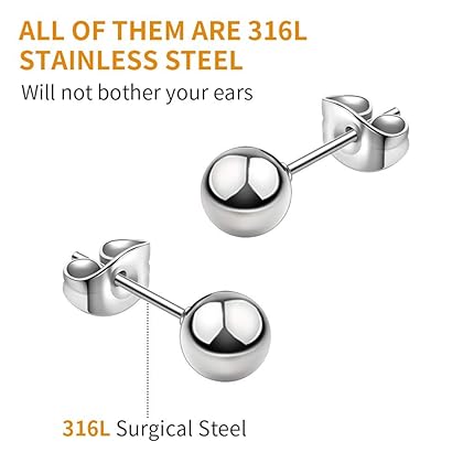 UHIBROS Hypoallergenic Studs Earrings 316L Surgical Stainless Steel Earrings Round Ball Earring for Women Men 5 Pairs Assorted Sizes(4mm-8mm)