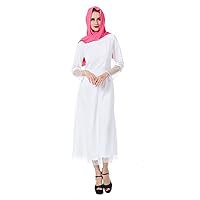 Women Patchwork Muslim Wear Arab Islamic Maxi White Dress with Turban Zip in Front Centre
