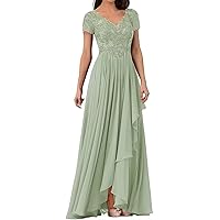 Lace Appliques Mother of The Bride Dresses for Wedding Ruffle V Neck Chiffon Formal Evening Party Gown