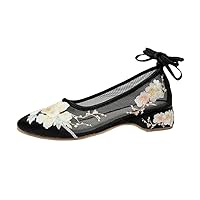 Air Mesh Embroidered Women Pumps Round Toe Ethnic Summer Loafers Ladies Cross-Tied Vintage Female Low Heeled Sandals Black 8.5