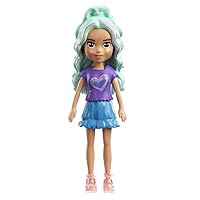 Polly Pocket Collectible Doll ~ Polly's Friend with Blue Hair, Wearing Blue Skirt, Purple Heart Shirt and Pink Sandals ~ 3 1/2