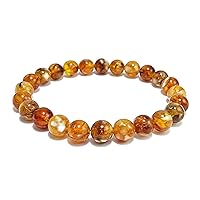 Brown Marble Amber Round Beads Stretch Bracelet, Genuine Baltic Amber.