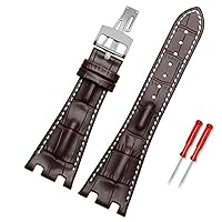 Leather Watch Band Men Suitable for AP Abbey Royal Oak AP15710 15703 Leather Notched Watch Chain 28mm (Color : Brown White, Size : Silver Buckle)