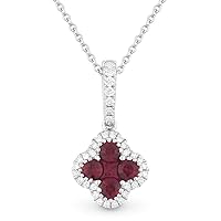 18K White Gold Round Shape .53ct Ruby & .15ct White Diamond Clover Pendant Necklace