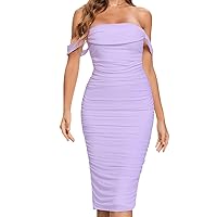 NeeMee Women Sexy Summer Off Shoulder Bodycon Dress Ruched Elegant Cocktail Basic Midi Dress for Party