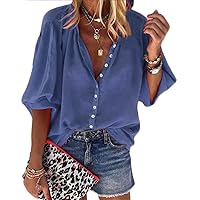 Generic Andongnywell Women's Long Sleeve V Neck Chiffon Blouses Tops Button Down Slim Shirts Tunics Ladies (Blue,XX-Large,)