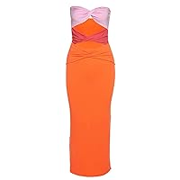 Women Sexy Strapless Twist Ruched Front Midi Long Bodycon Dress Hollow Out Contrast Color Off Shoulder Split Clubwear