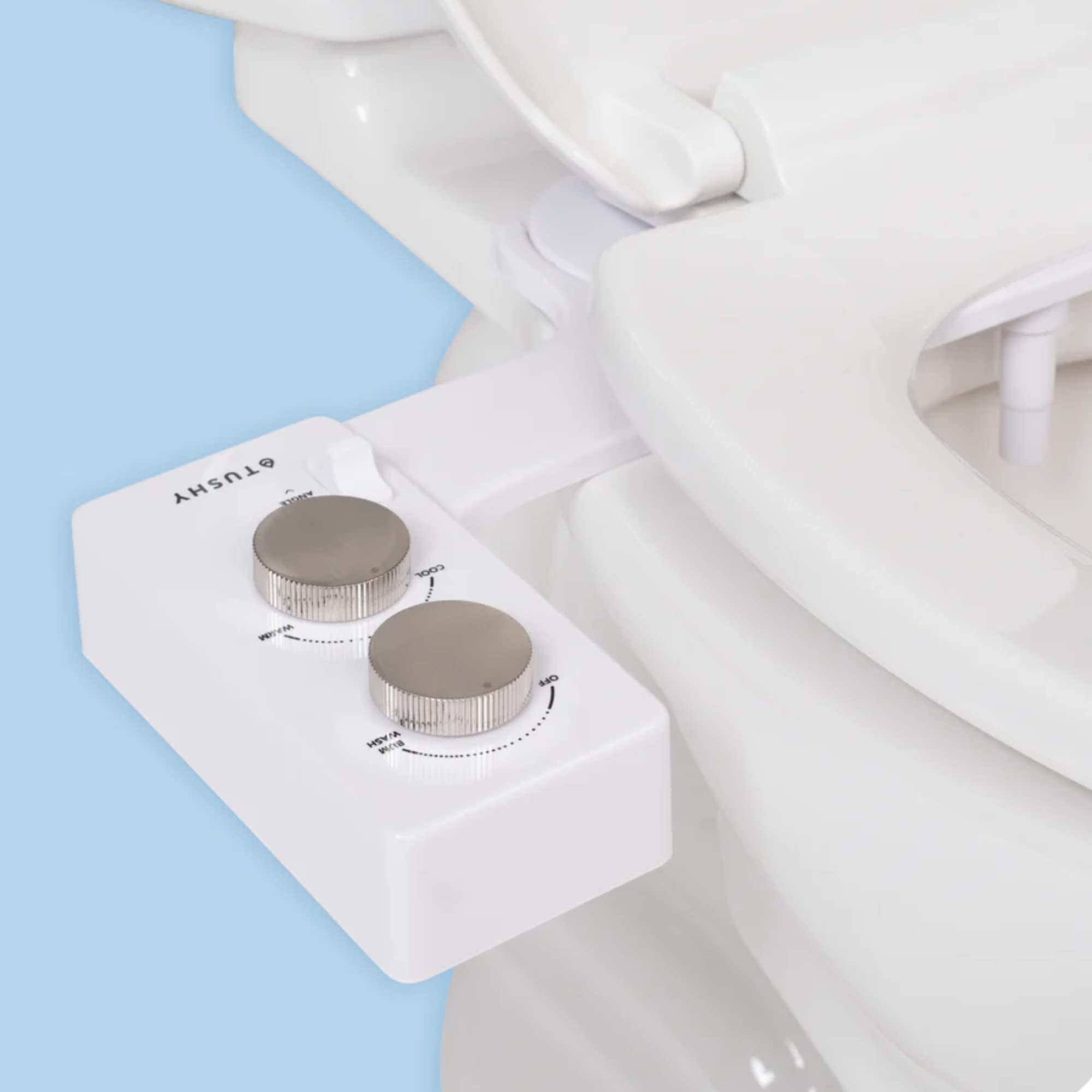 Tushy Warm Water Spa Bidet Attachment | Self Cleaning Fresh Water Sprayer +Adjustable Pressure Nozzle, Angle Control, (Adjustable Cool to Warm Water Temperature Option), Platinum Knobs