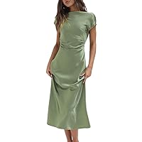 2023 Satin Cap Sleeve Cowl Back Summer Dresses for Women Elegant Ruched Waist Wedding Guest Midi Dress