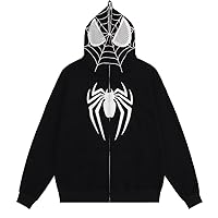 Y2K Spider Web Printed Hoodie Hat Visual Hoodie Gothic Couple Spider Web Printed Zipper Hoodie (B-thickening,Small,Small)