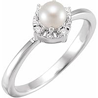 925 Sterling Silver Round 4.5mm Cultured Freshwater Pearl I2 H+ 0.04 Carat Polished Fresh Water and .04 Jewelry for Women