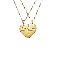 MRENITE 10K 14K 18K Gold Personalized 2Pcs Heart Couple Necklaces for Him and Her Custom Engraved Names 2Pcs Matching Heart Pendant Anniversary Jewelry Gift